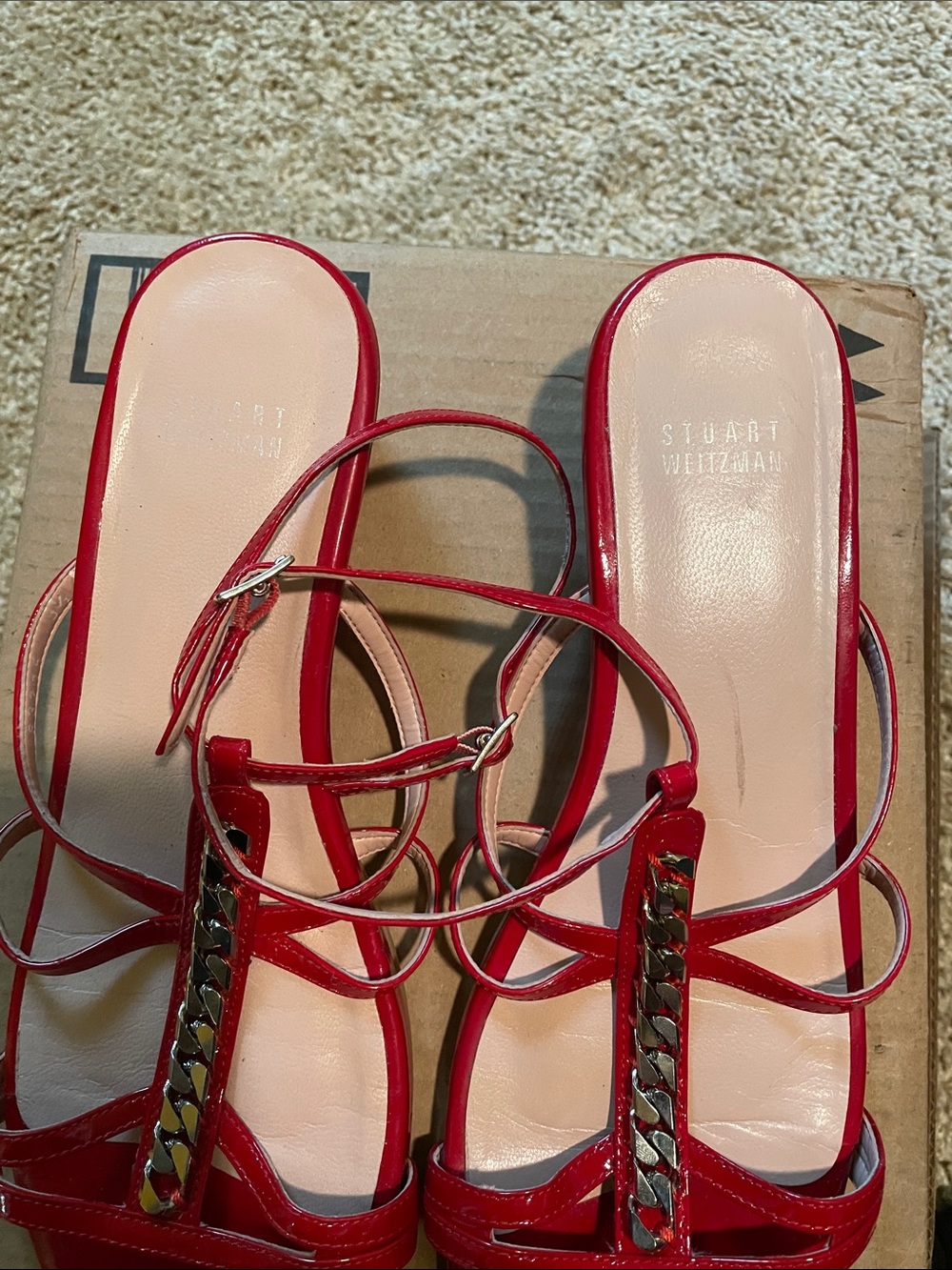 Stuart Weitzman Red Patent T-Strap Sandals with Chain Accent